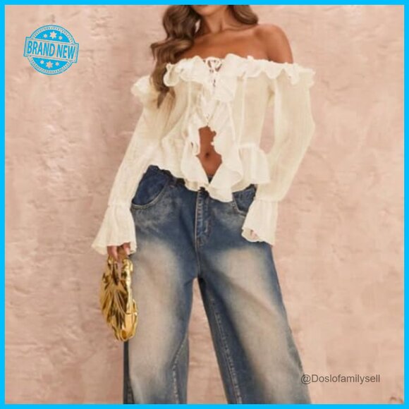 Off Shoulder Ruffle Crop Blouse Y2K Bell Sleeve See Through Chic Top - Picture 3 of 7